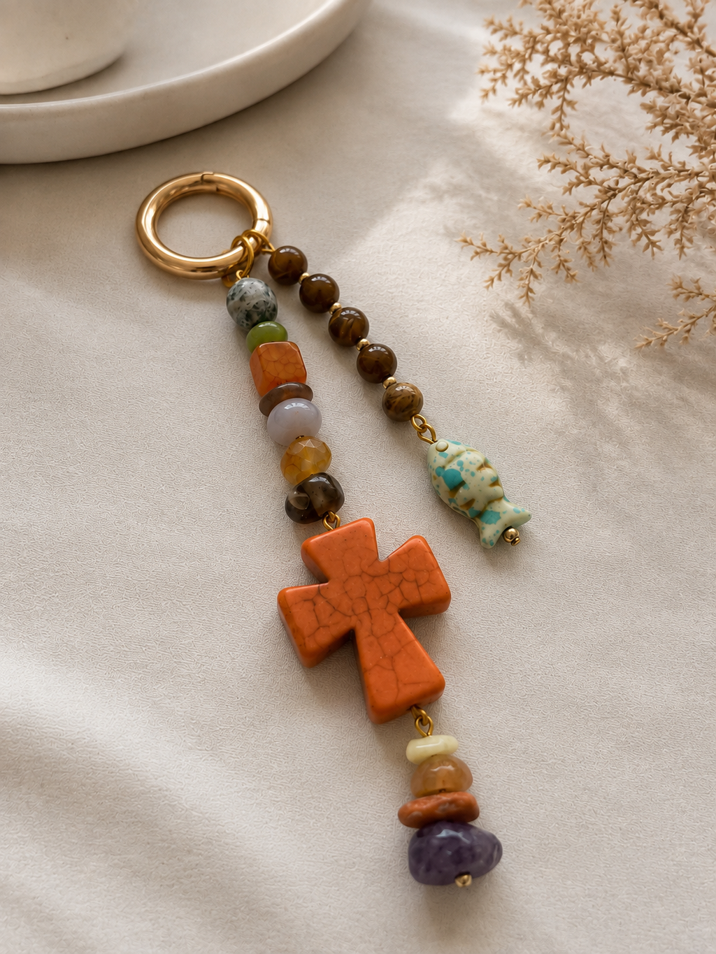 Orange Cross Fish Charm Beaded Bag Keychain with Gold Ring