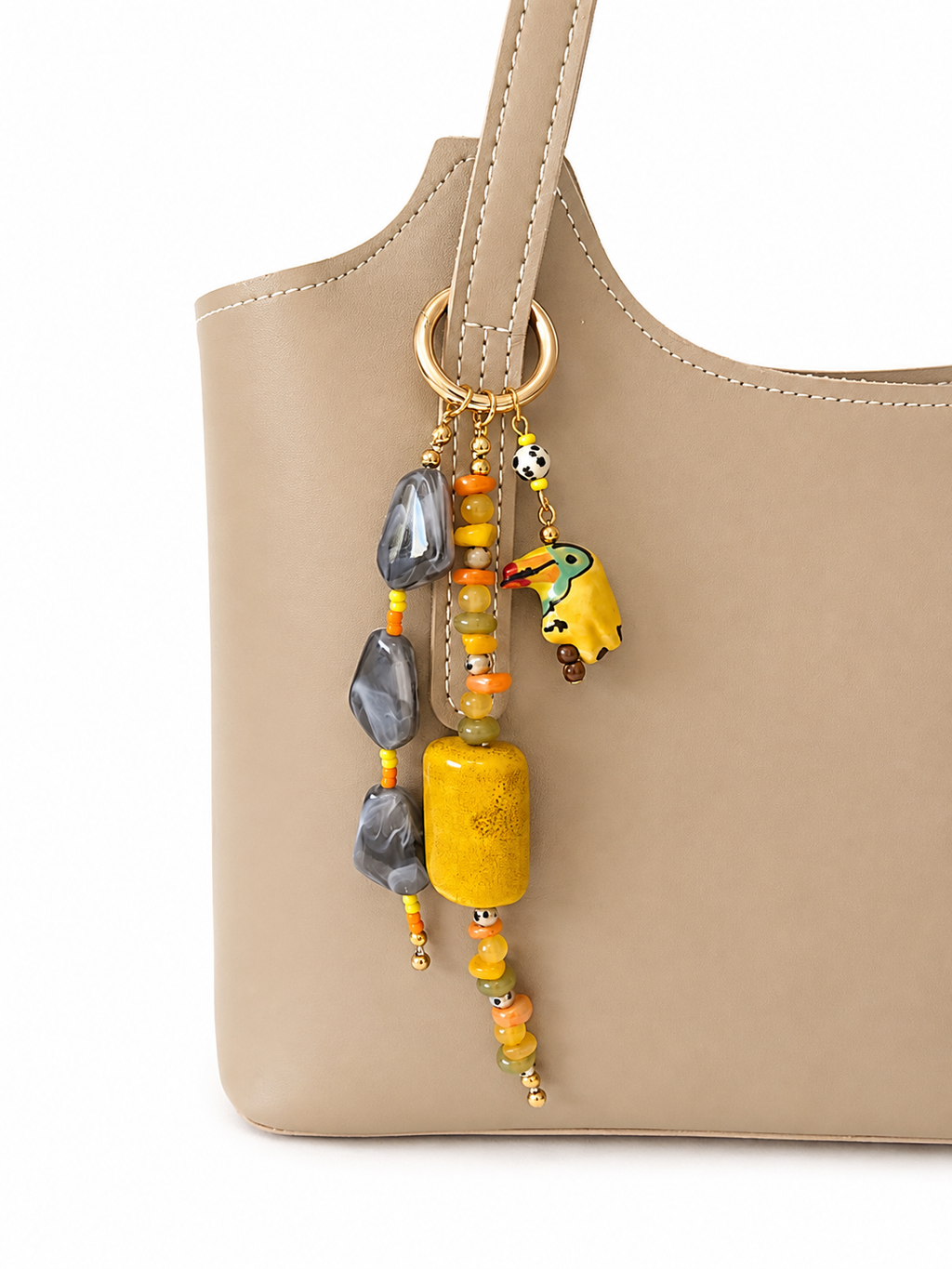 Yellow Gray Beaded Bag Keychain with Animal Charm Gold Ring