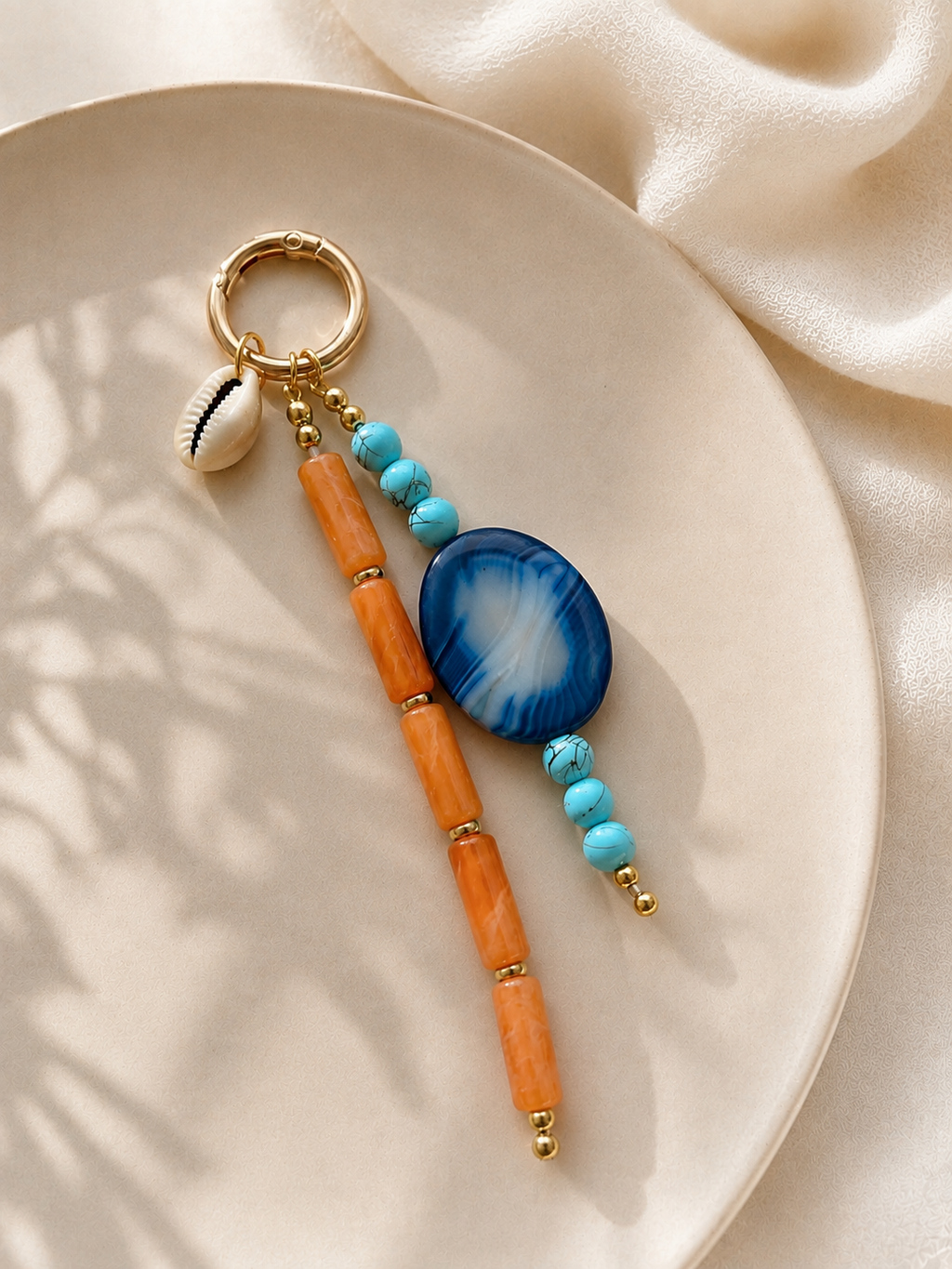 Orange Blue Shell Charm Beaded Bag Keychain with Gold Ring