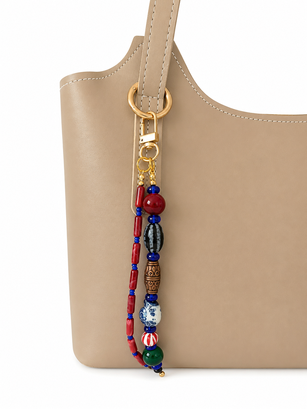 Red Blue Double Strand Beaded Bag Keychain with Gold Clip