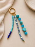 Turquoise Blue Three Strand Beaded Bag Keychain Gold Ring