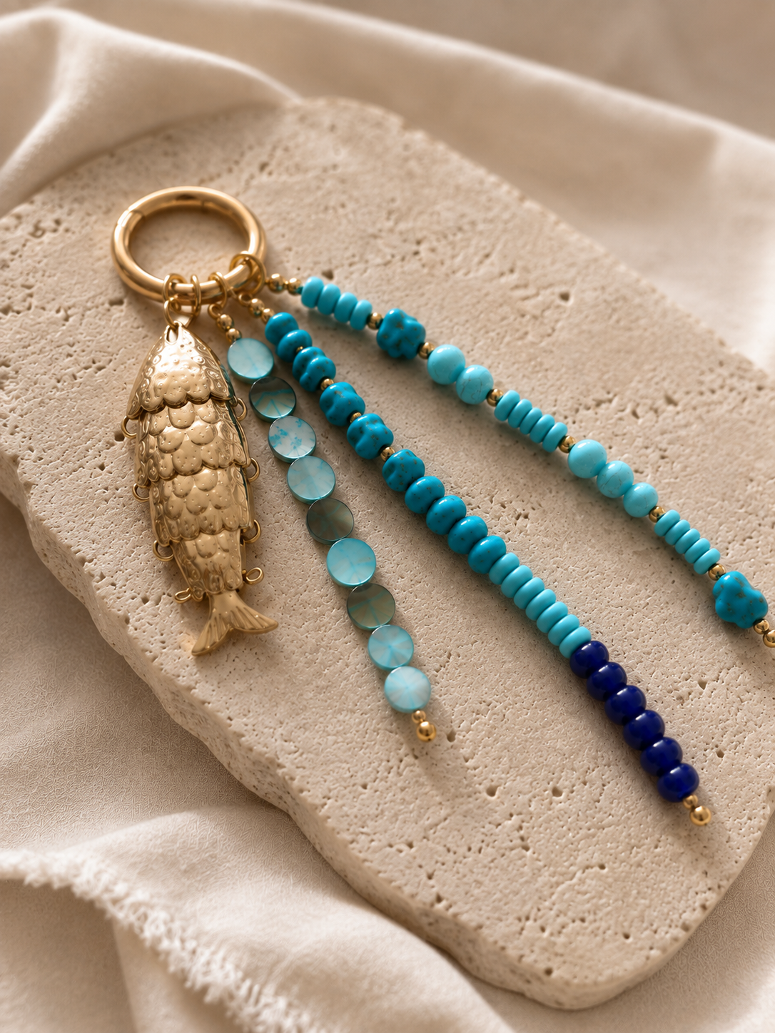 Blue Turquoise Fish Charm Beaded Bag Keychain Gold Ring