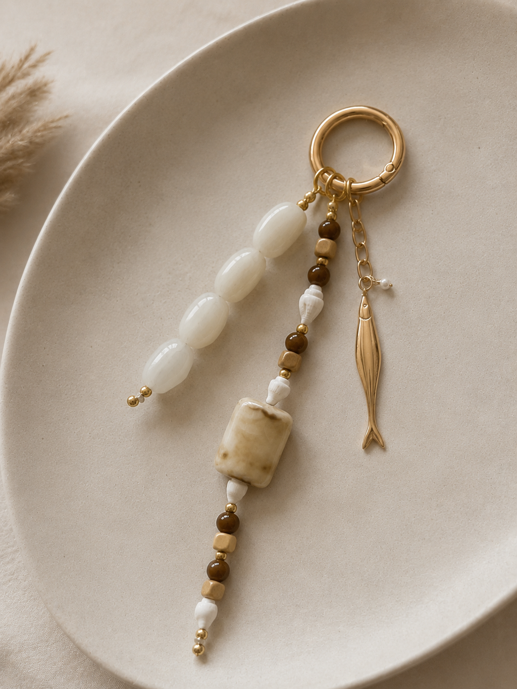White Beaded Fish Charm Bag Keychain with Gold Ring Clip