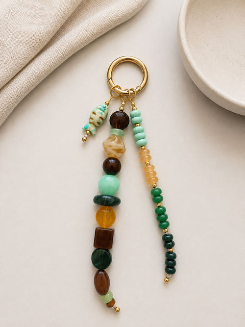 Green Brown Beaded Fish Charm Bag Keychain with Gold Ring