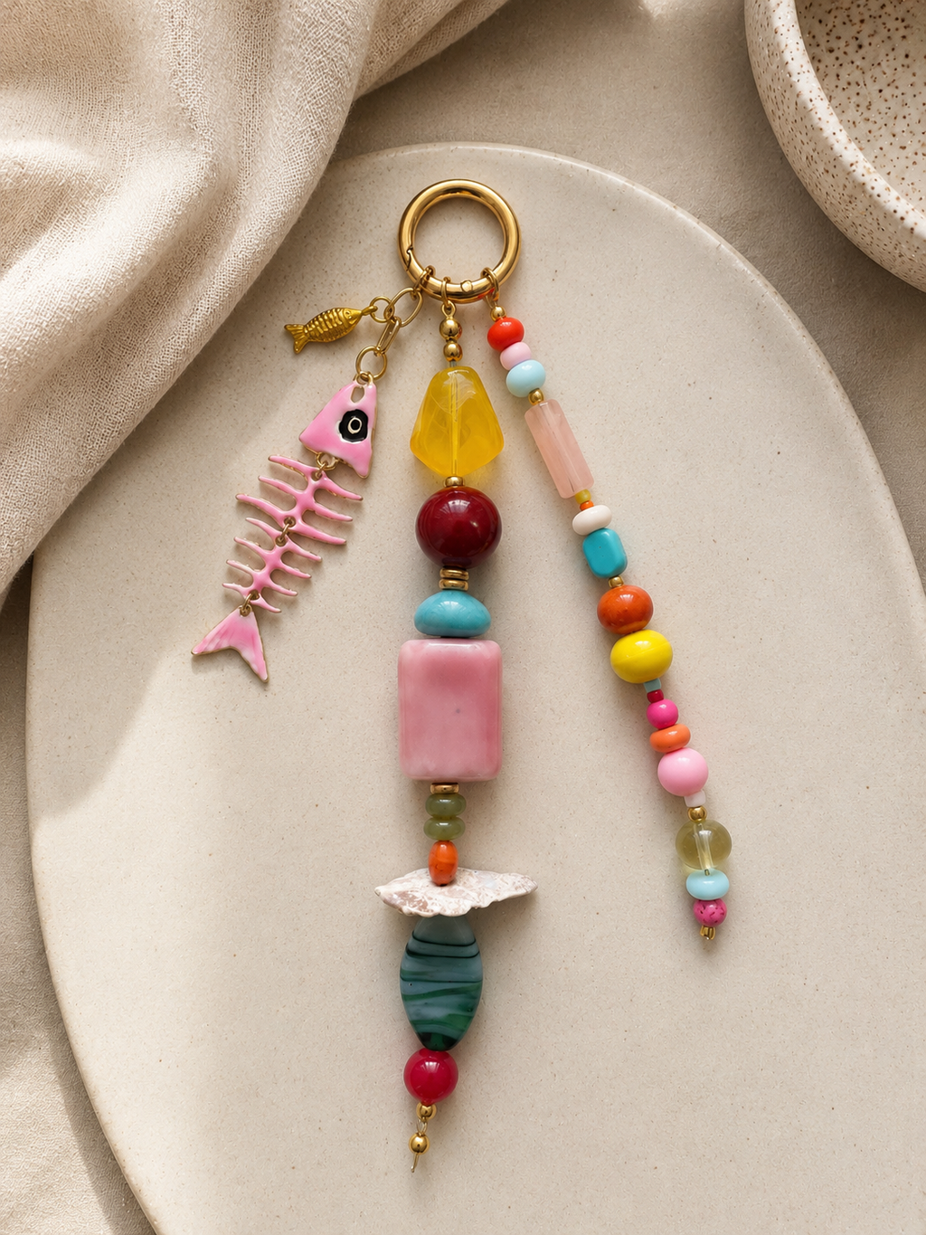 Pink Fish Skeleton Multicolor Beaded Bag Keychain Gold Ring