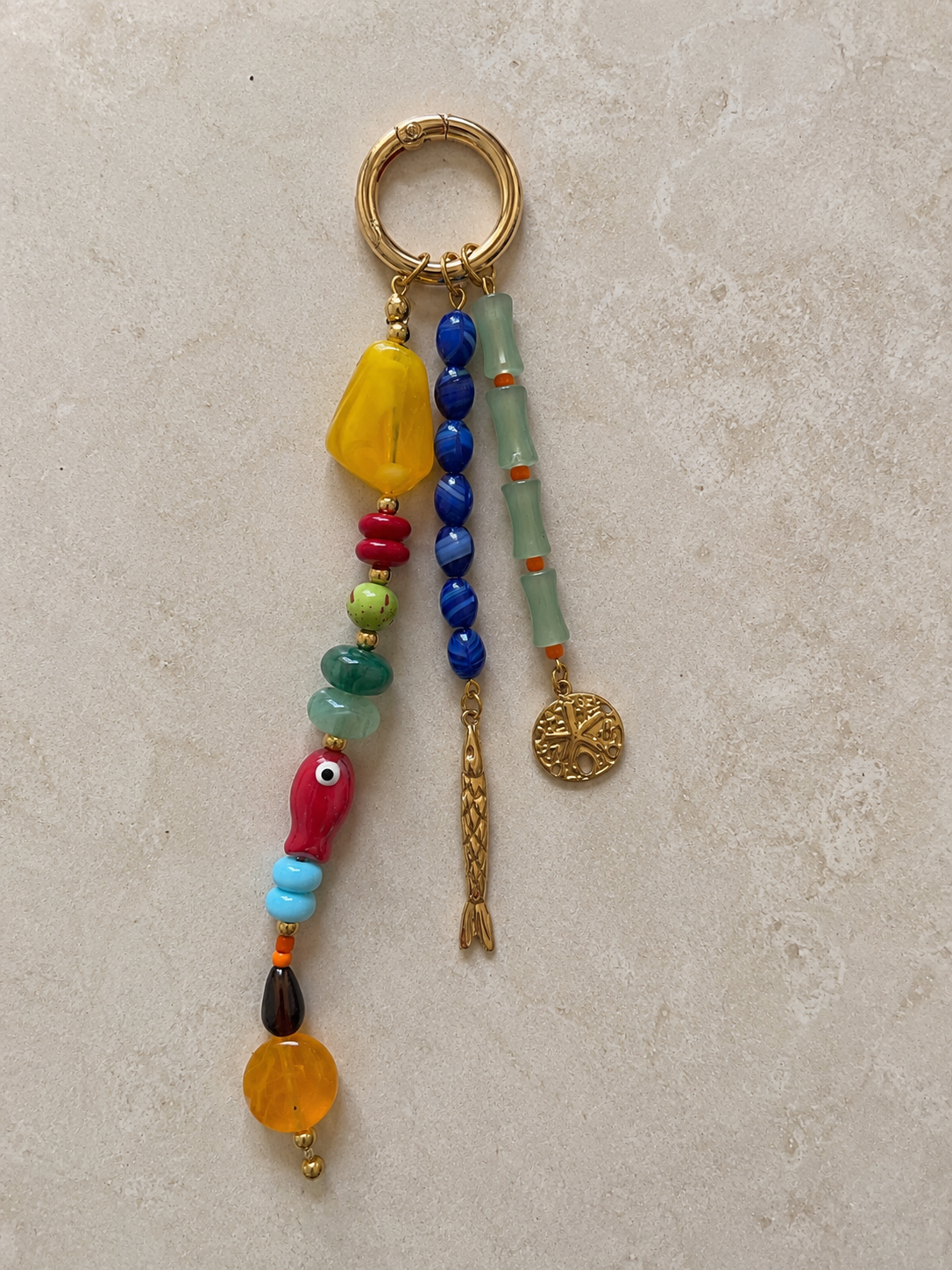 Multicolor Fish Charm Three Strand Beaded Bag Keychain