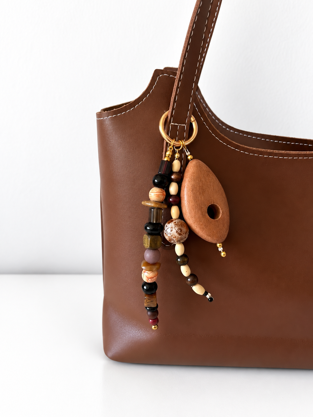 Wood & Earth-Tone Beaded Bag Charm Keychain