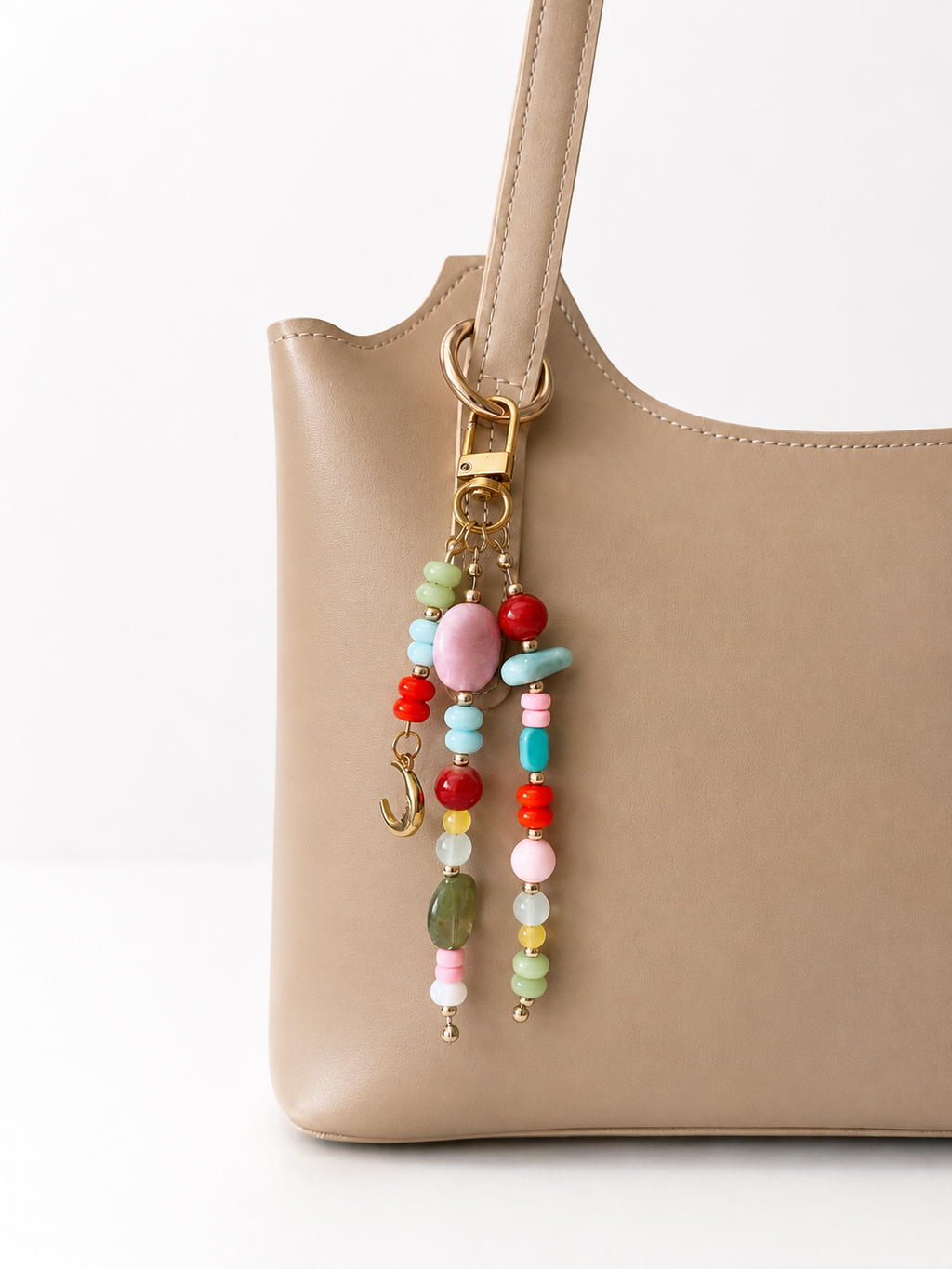 Multicolor Moon Charm Beaded Bag Keychain with Gold Clip