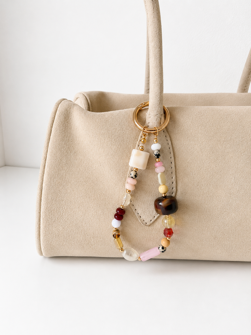 Pink Brown White Beaded Bag Keychain with Gold Ring Clip