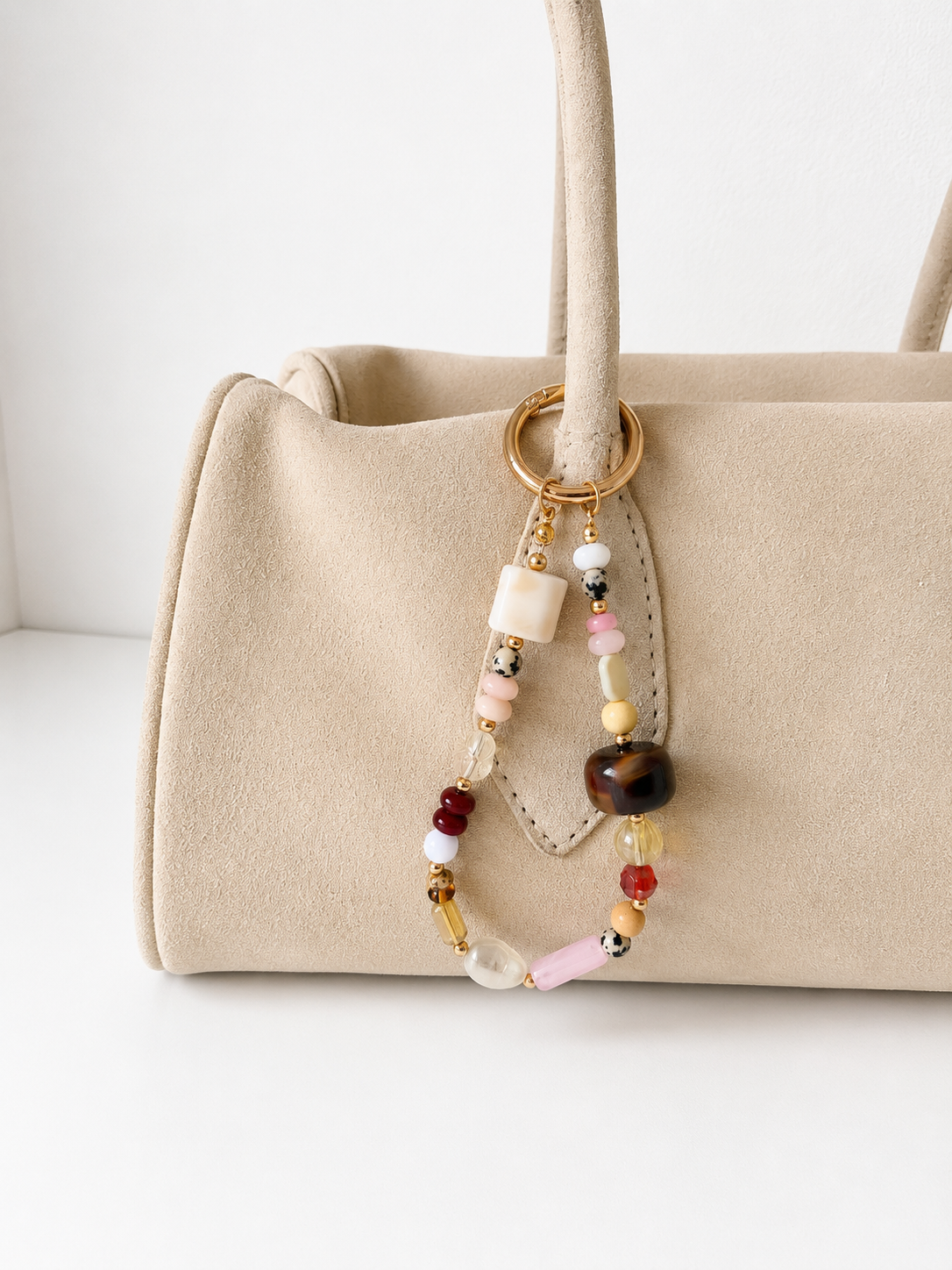 Pink Brown White Beaded Bag Keychain with Gold Ring Clip