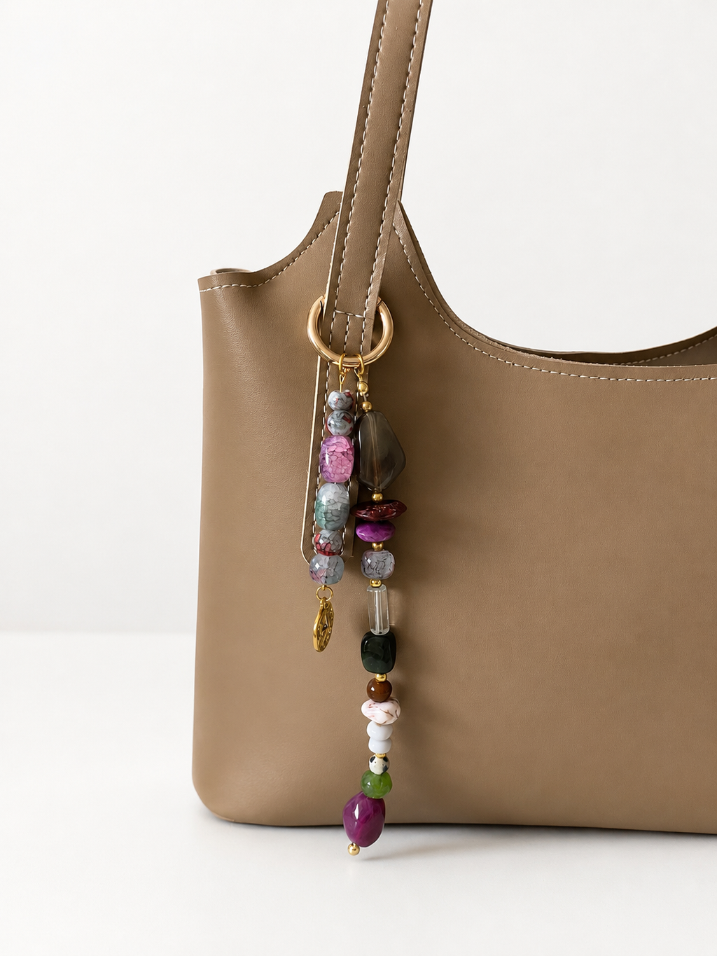 Purple Green Beaded Starfish Charm Bag Keychain with Gold Ring