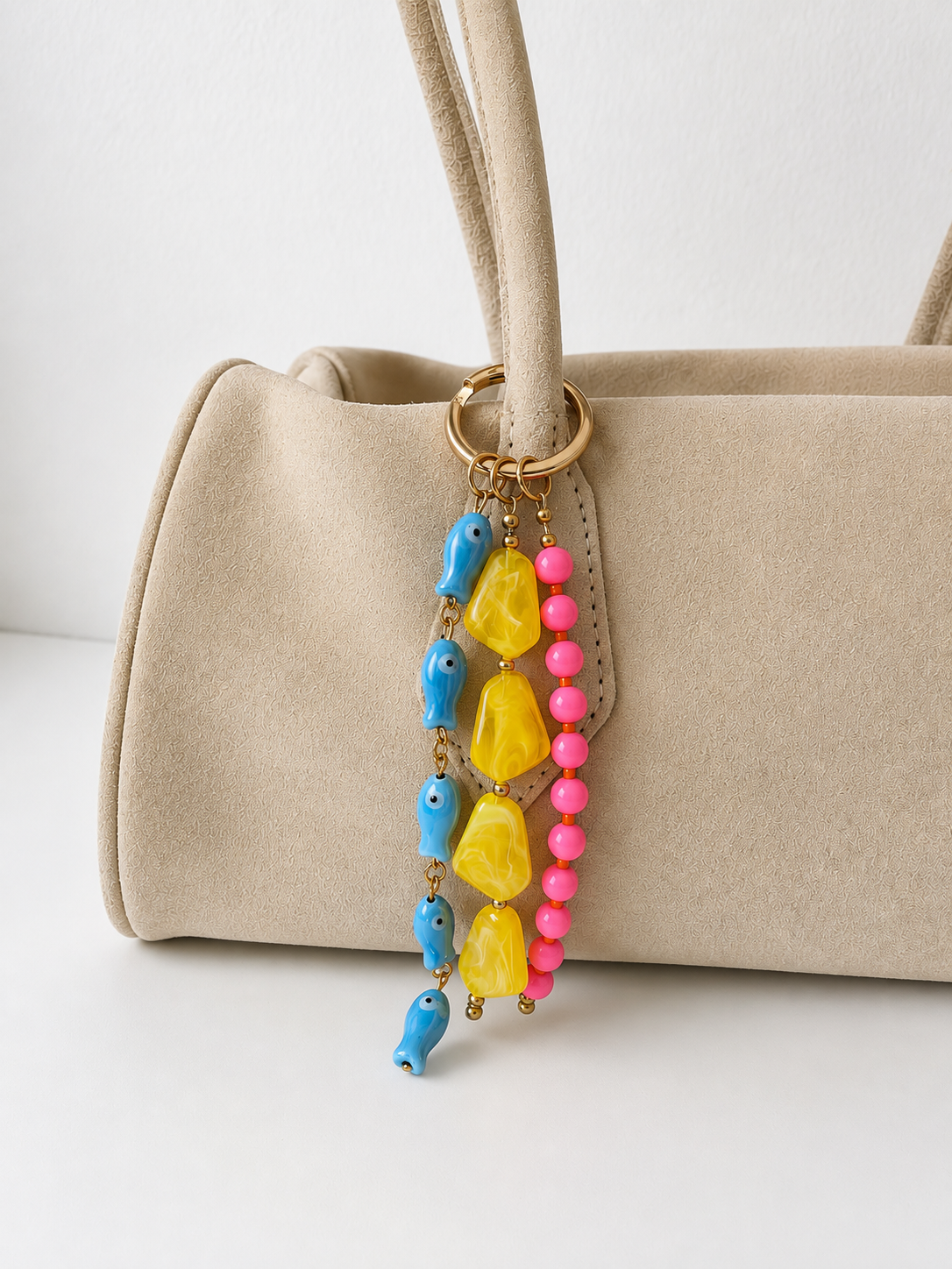 Pink Yellow Blue Fish Beaded Bag Keychain with Gold Ring