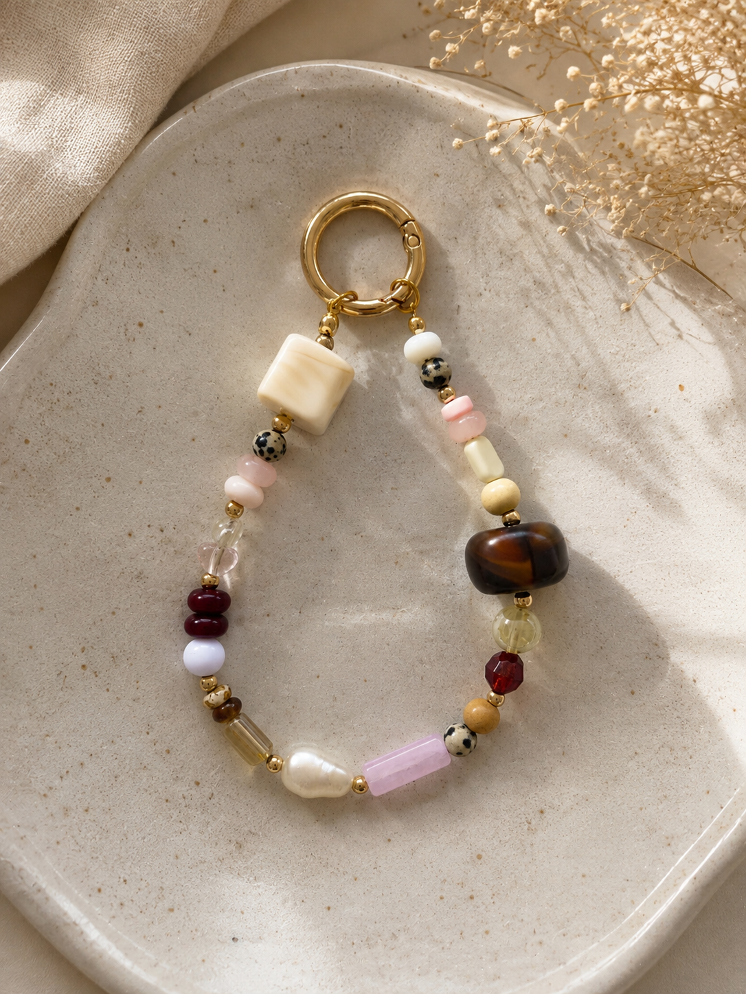 Pink Brown White Beaded Bag Keychain with Gold Ring Clip