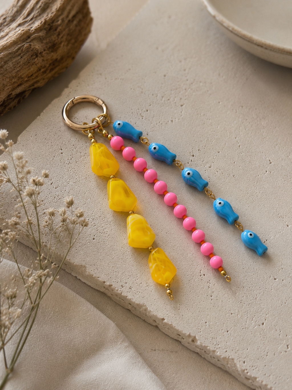 Pink Yellow Blue Fish Beaded Bag Keychain with Gold Ring