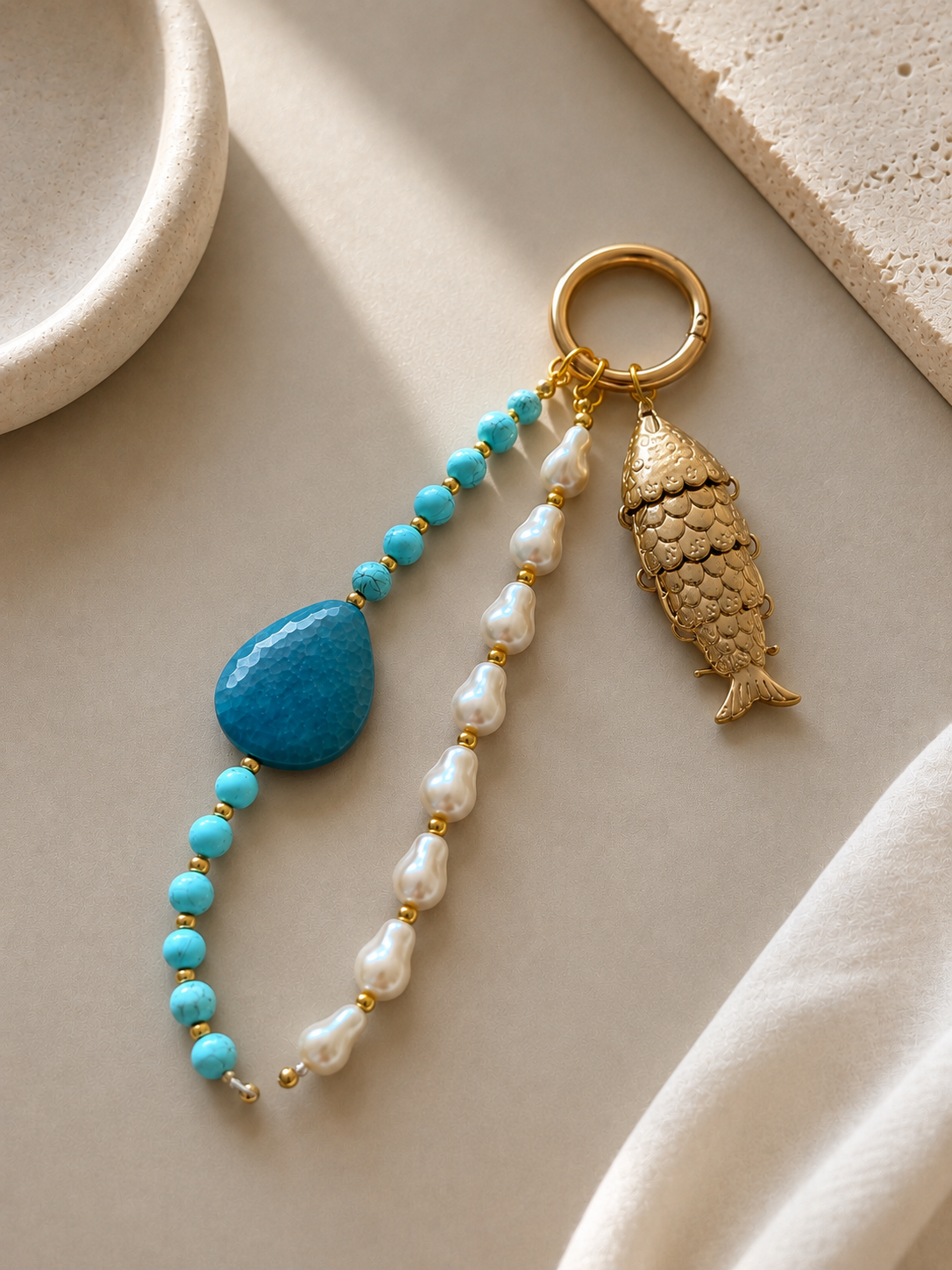 Turquoise Pearl Fish Charm Beaded Bag Keychain Gold Ring
