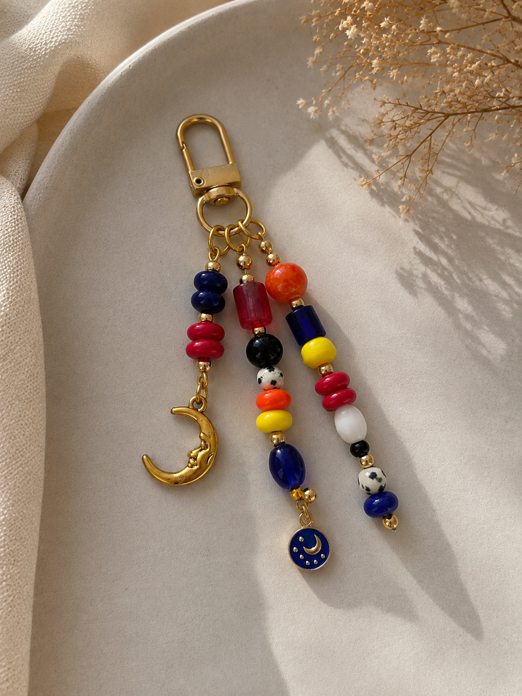 Multicolor Beaded Moon Charm Bag Keychain with Gold Clip