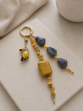 Yellow Gray Beaded Bag Keychain with Animal Charm Gold Ring