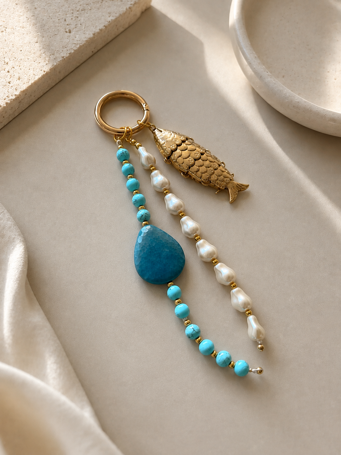 Turquoise Pearl Fish Charm Beaded Bag Keychain Gold Ring