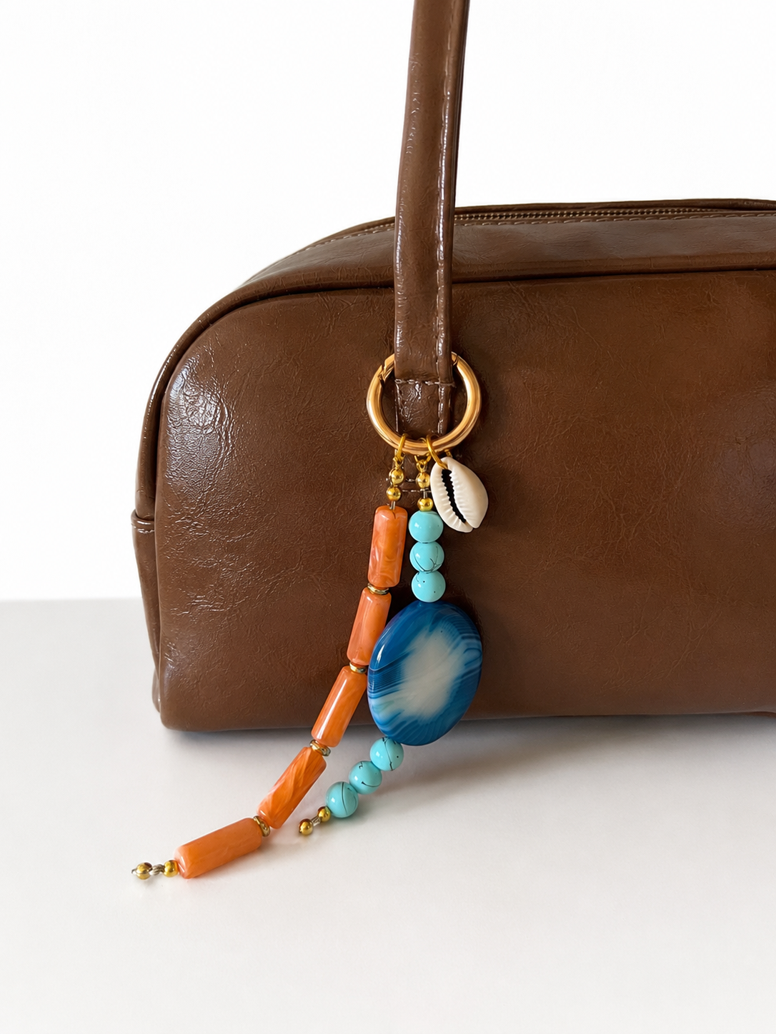 Orange Blue Shell Charm Beaded Bag Keychain with Gold Ring