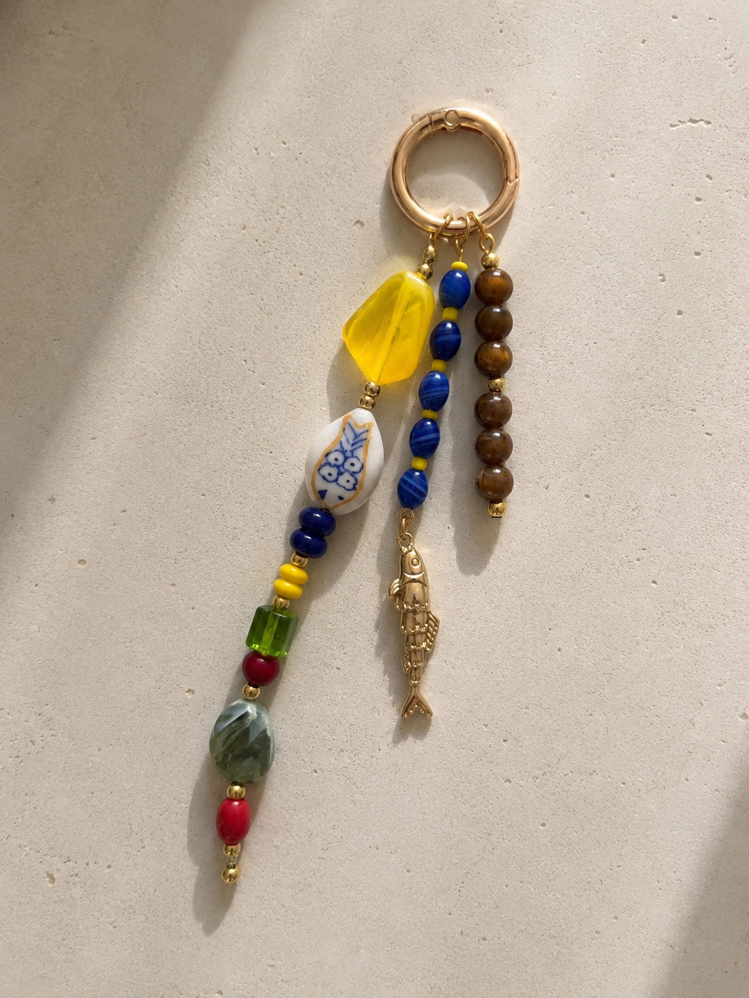 Multicolor Fish Charm Beaded Bag Keychain with Gold Ring