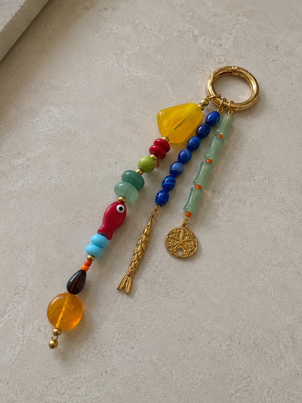 Multicolor Fish Charm Three Strand Beaded Bag Keychain