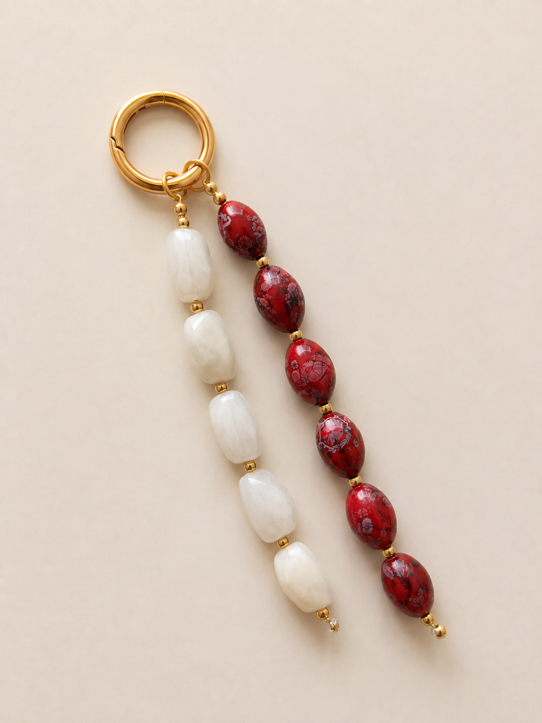 Red and White Double Strand Beaded Bag Keychain with Gold Ring