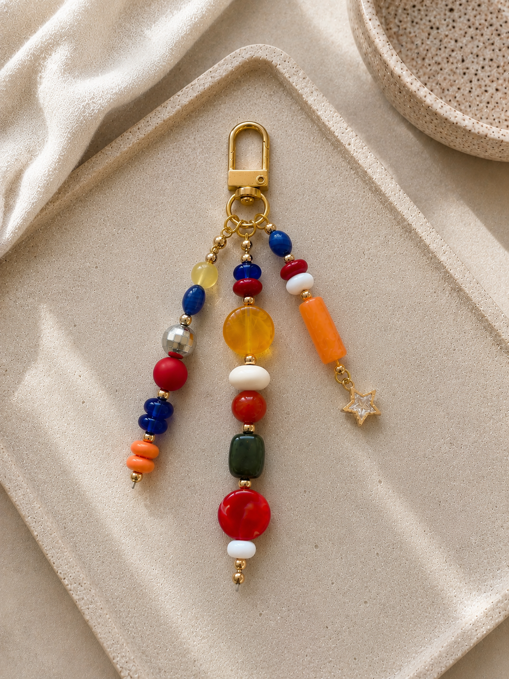 Multicolor Star Charm Three Strand Beaded Bag Keychain Gold Clip