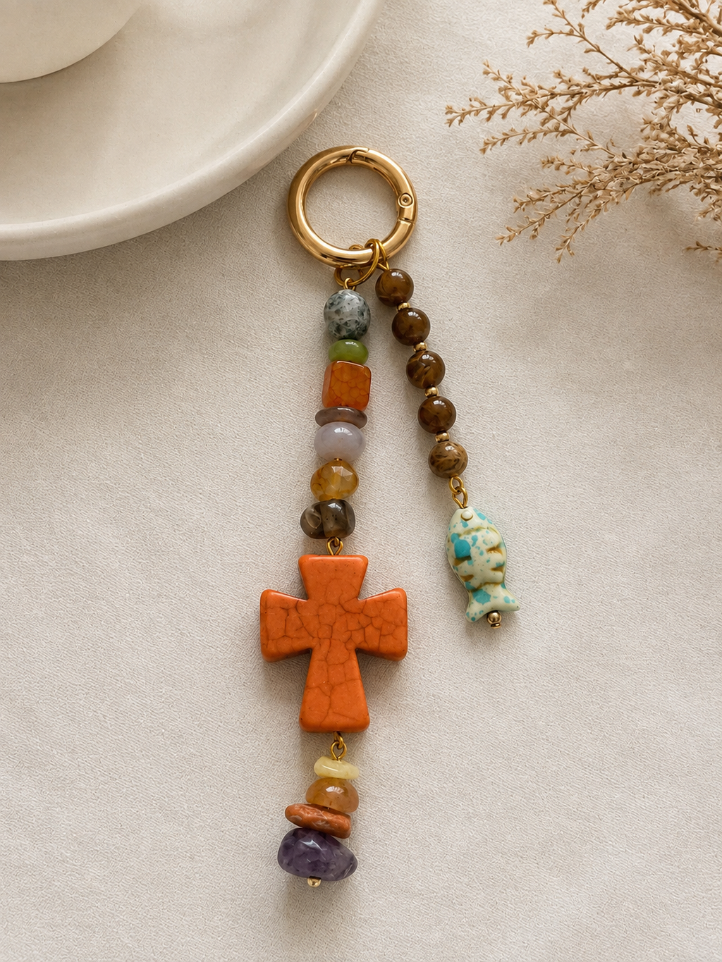 Orange Cross Fish Charm Beaded Bag Keychain with Gold Ring