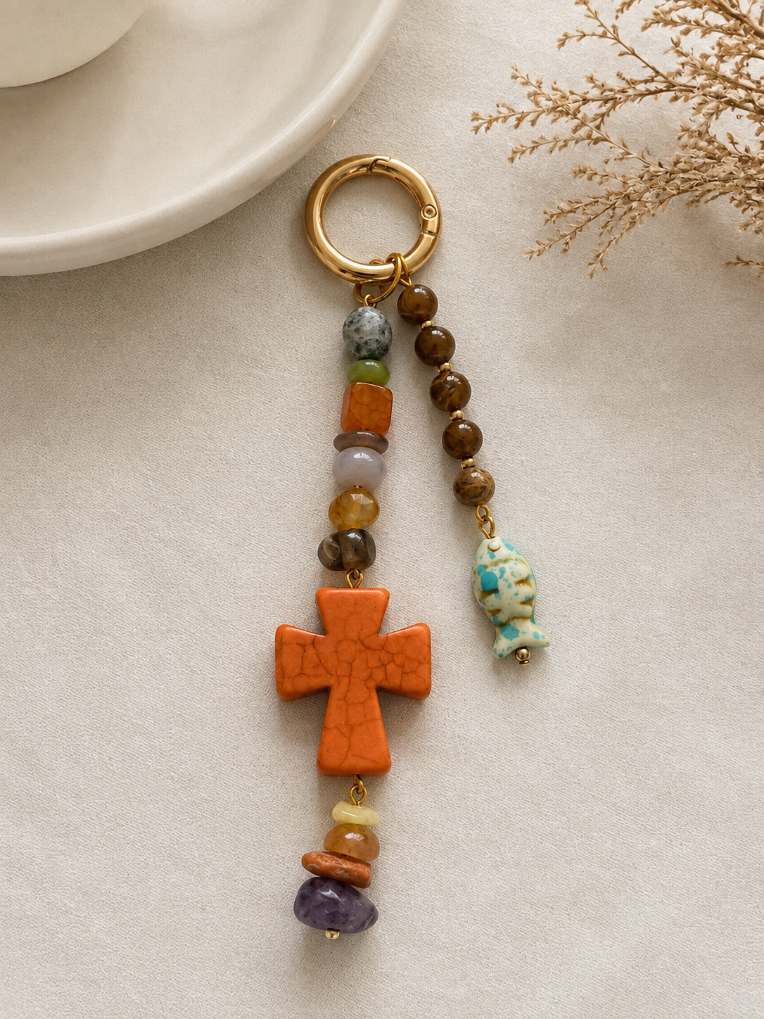 Orange Cross Fish Charm Beaded Bag Keychain with Gold Ring