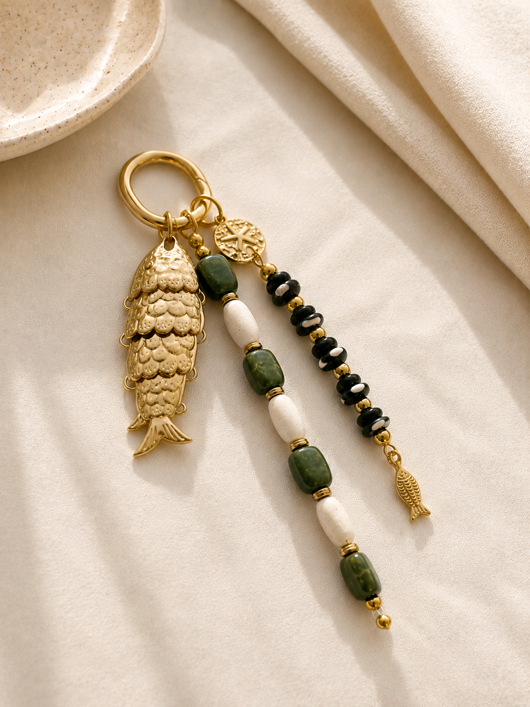 Green White Black Fish Charm Beaded Bag Keychain Gold Ring