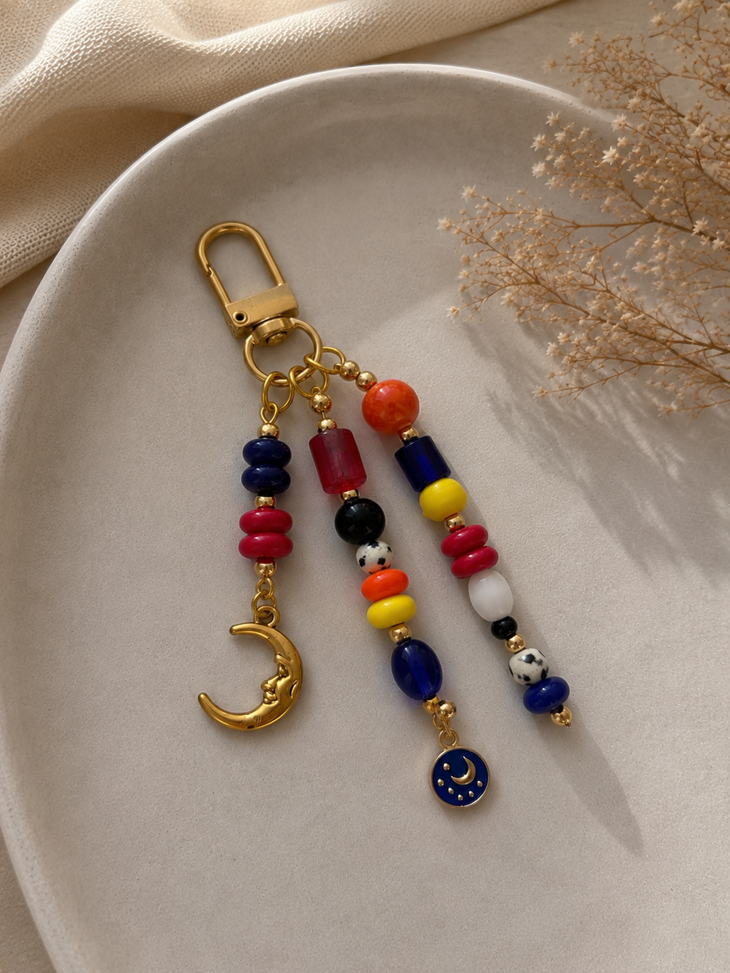 Multicolor Beaded Moon Charm Bag Keychain with Gold Clip