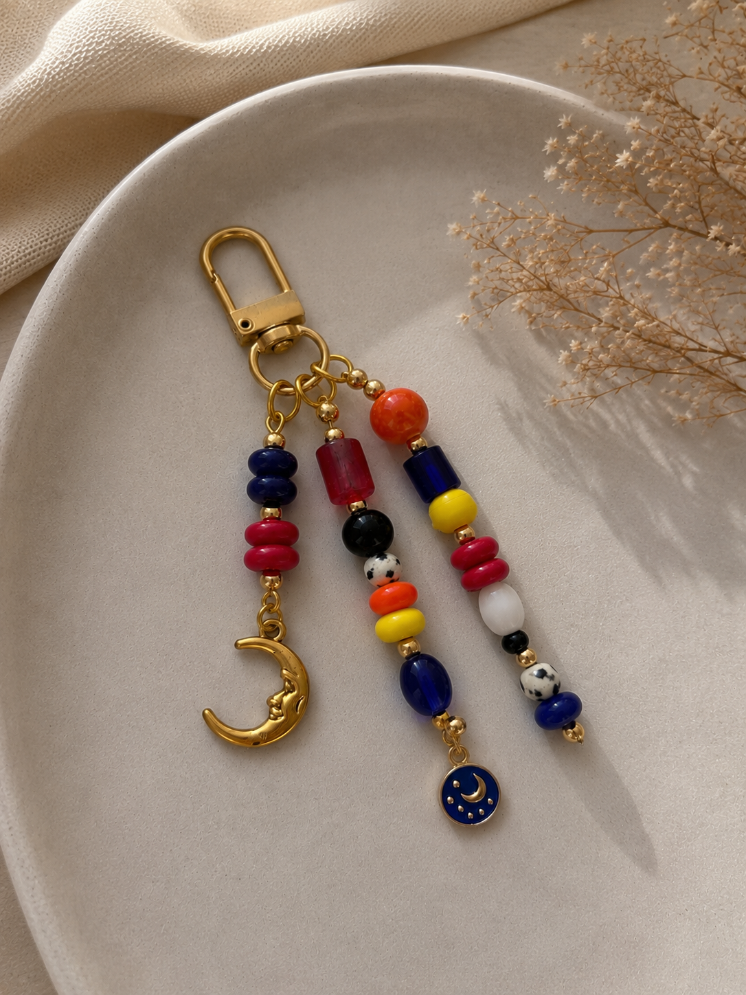 Multicolor Beaded Moon Charm Bag Keychain with Gold Clip