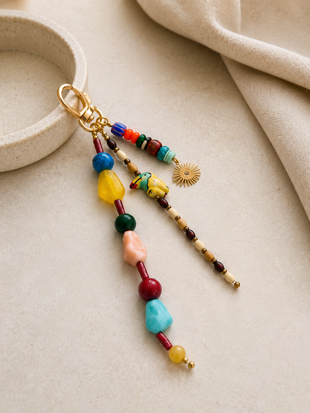 Multicolor Sun Charm Three Strand Beaded Bag Keychain Gold Ring