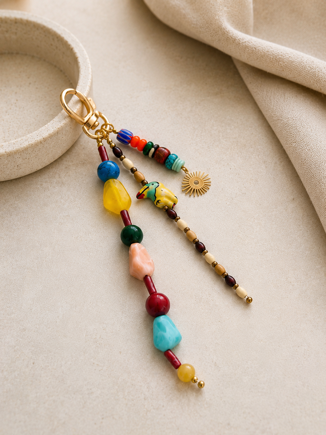 Multicolor Sun Charm Three Strand Beaded Bag Keychain Gold Ring