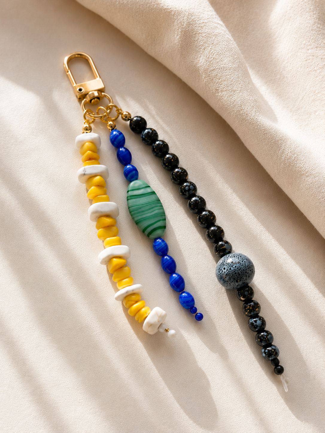 Yellow Blue Black Three Strand Beaded Bag Keychain Gold Clip