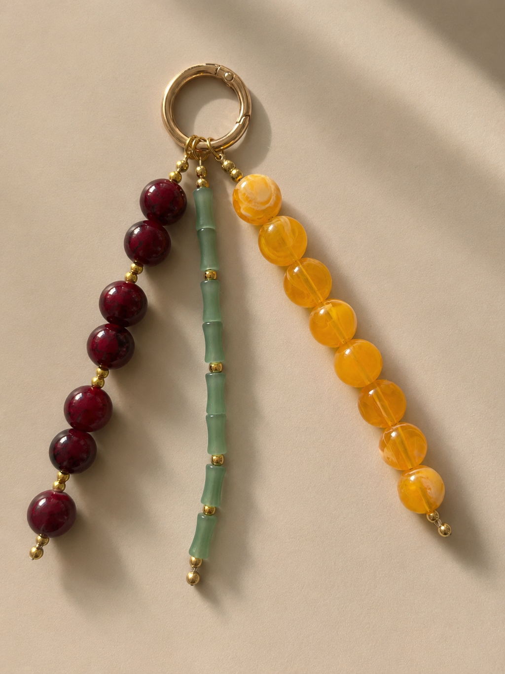 Red Yellow Green Three Strand Beaded Bag Keychain Gold Ring