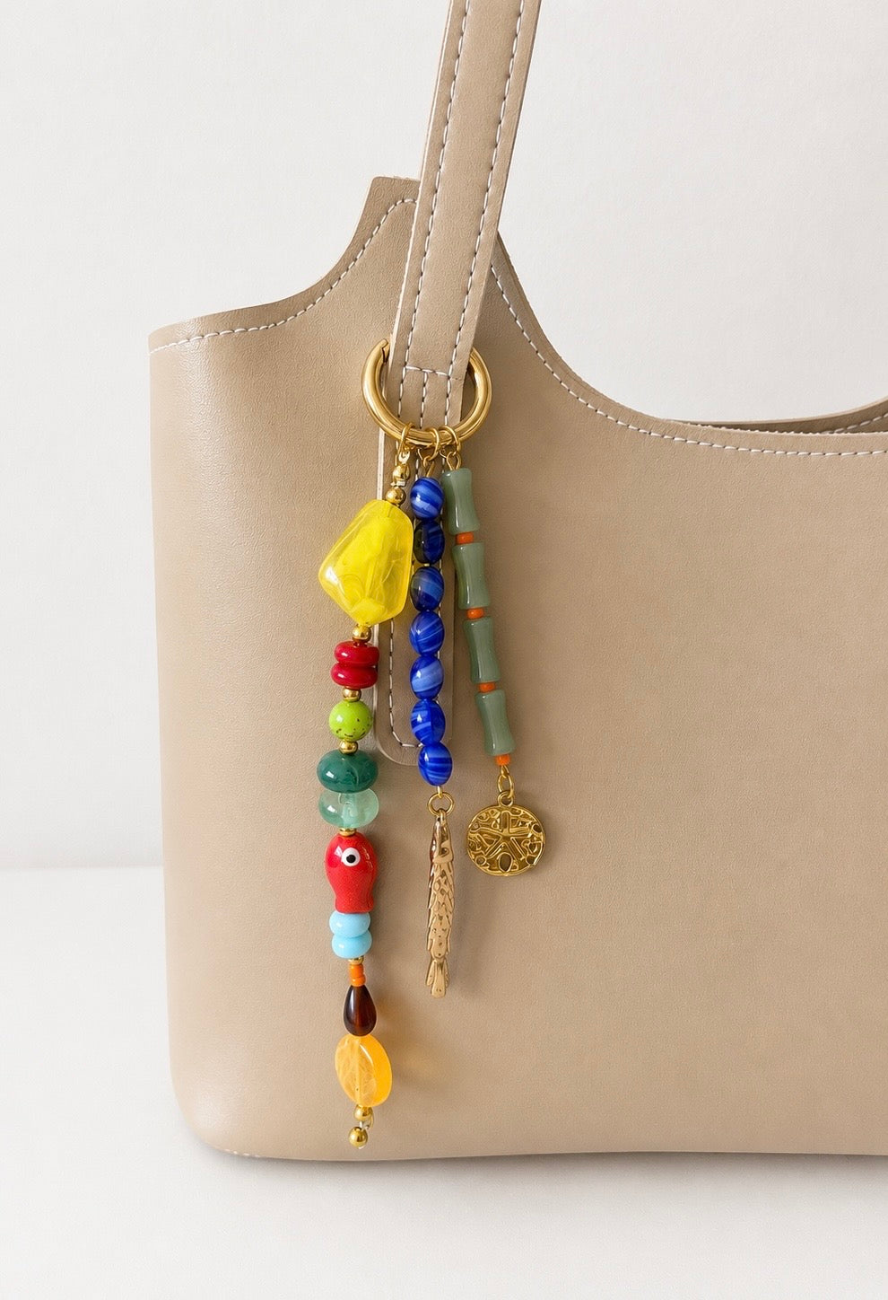 Multicolor Fish Charm Three Strand Beaded Bag Keychain