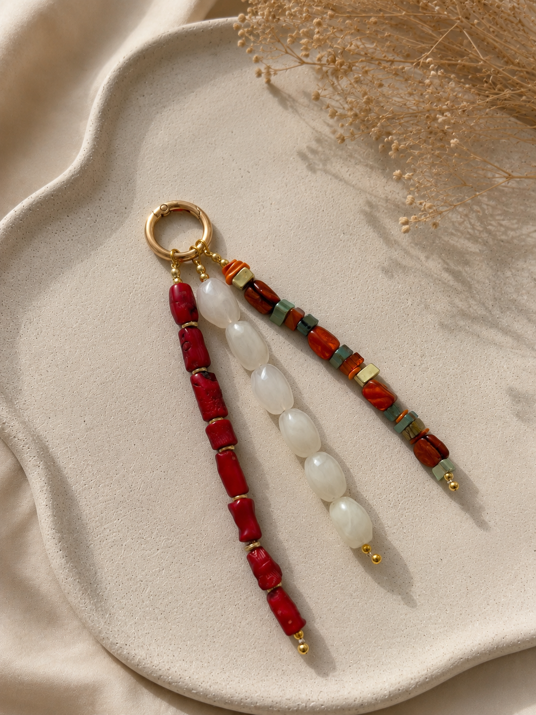 Red White Three Strand Beaded Bag Keychain with Gold Ring