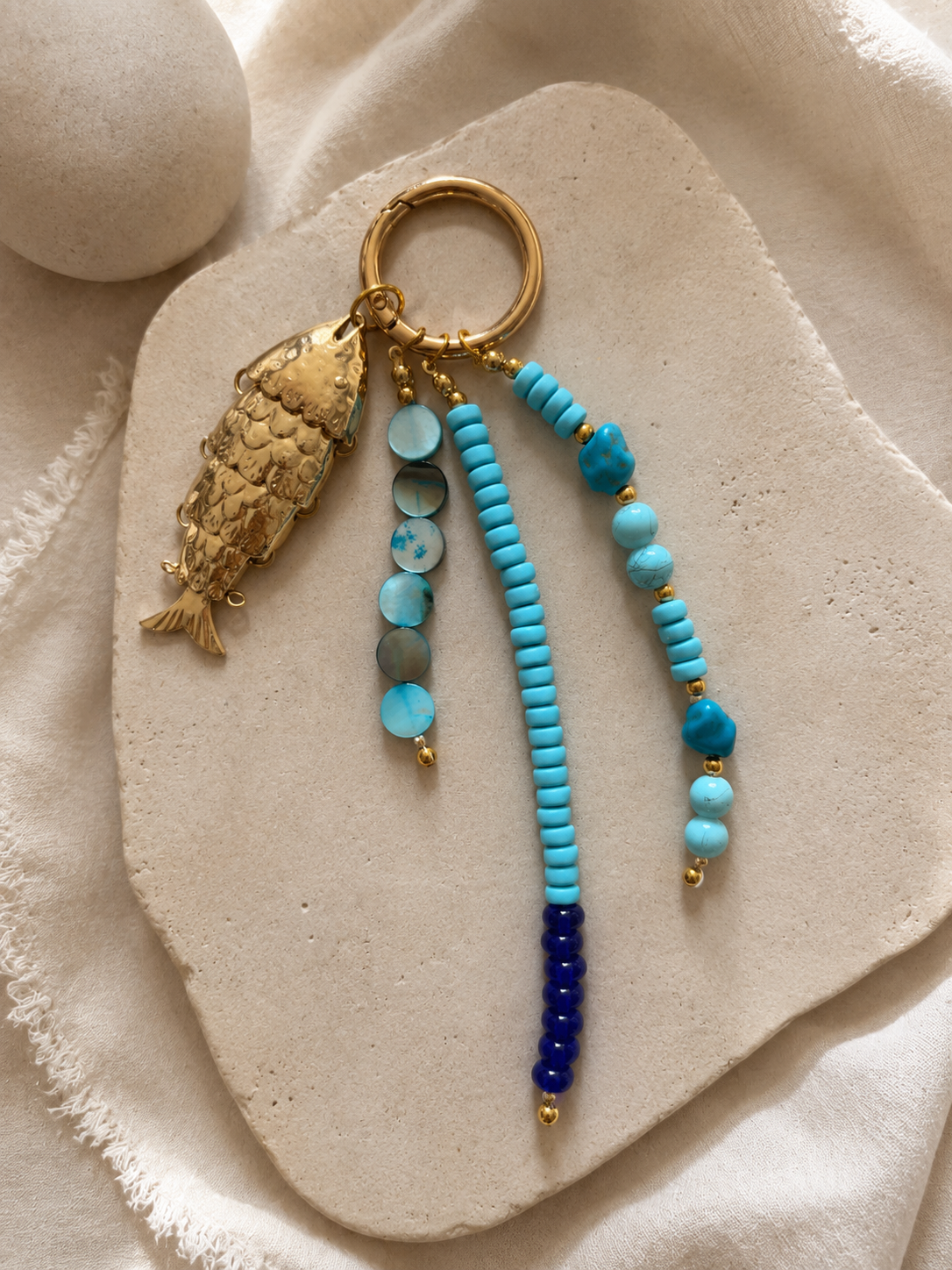 Blue Turquoise Fish Charm Beaded Bag Keychain Gold Ring