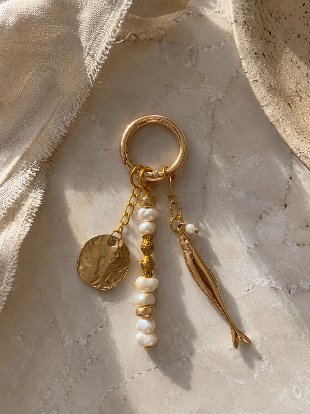 Pearl Beaded Fish Charm Bag Keychain with Gold Ring