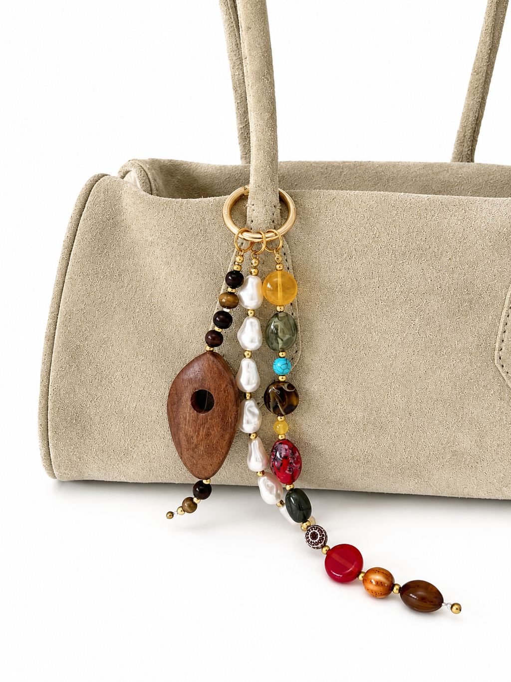 Multicolor Pearl Wood Beaded Bag Keychain with Gold Ring