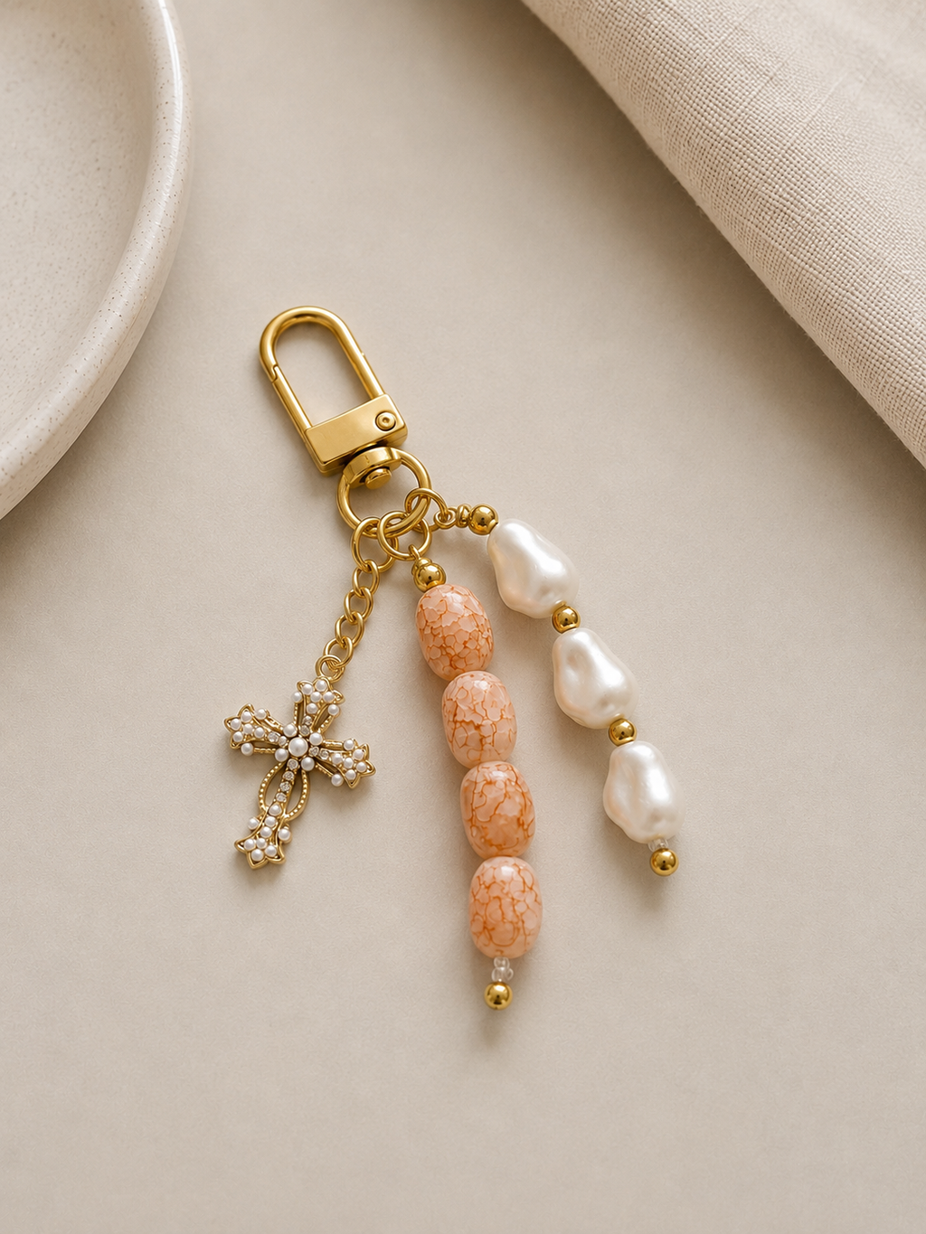 Pearl Cross Charm Beaded Keychain Bag Charm