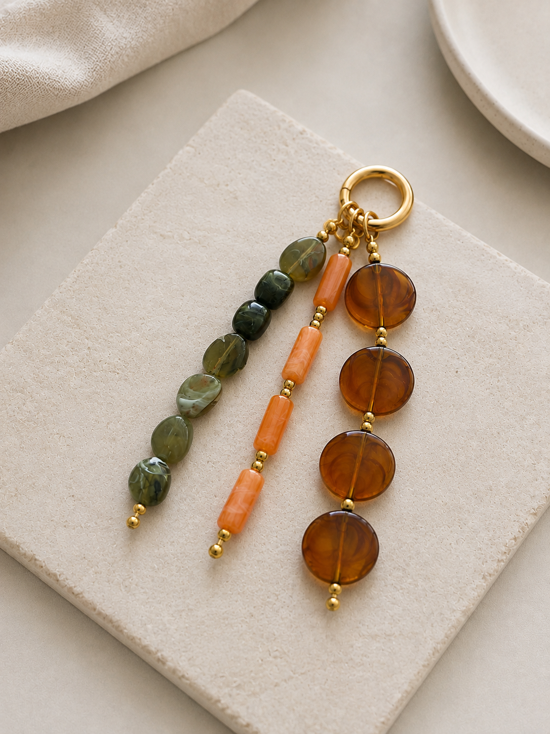 Amber Orange Green Three Strand Beaded Bag Keychain Gold Ring