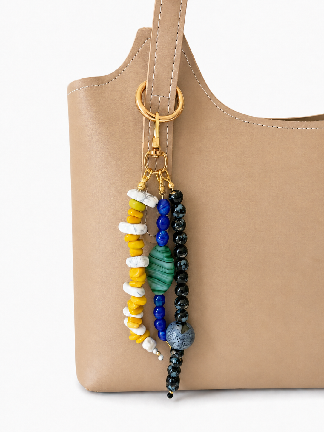 Yellow Blue Black Three Strand Beaded Bag Keychain Gold Clip