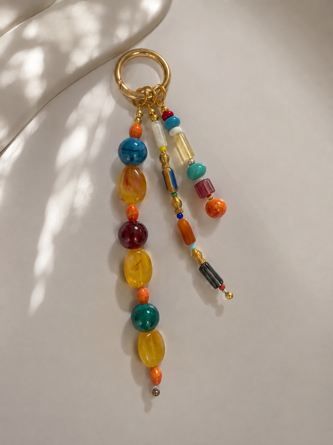 Multicolor Three Strand Beaded Bag Keychain with Gold Ring