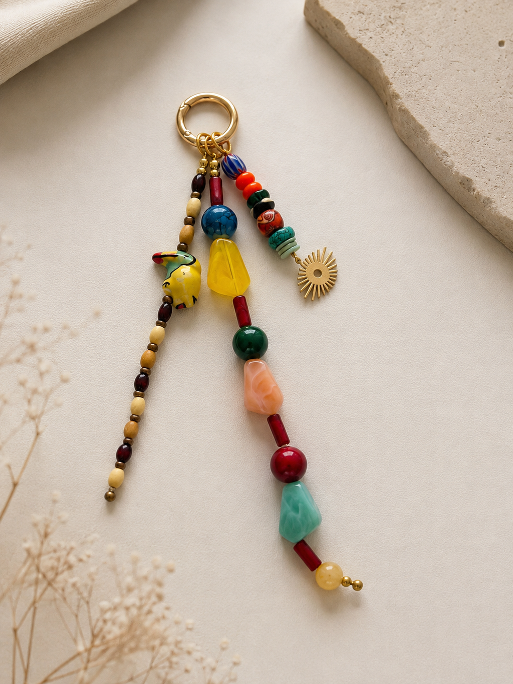 Multicolor Double Strand Sun Charm Beaded Bag Keychain