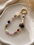 Pink Brown White Beaded Bag Keychain with Gold Ring Clip