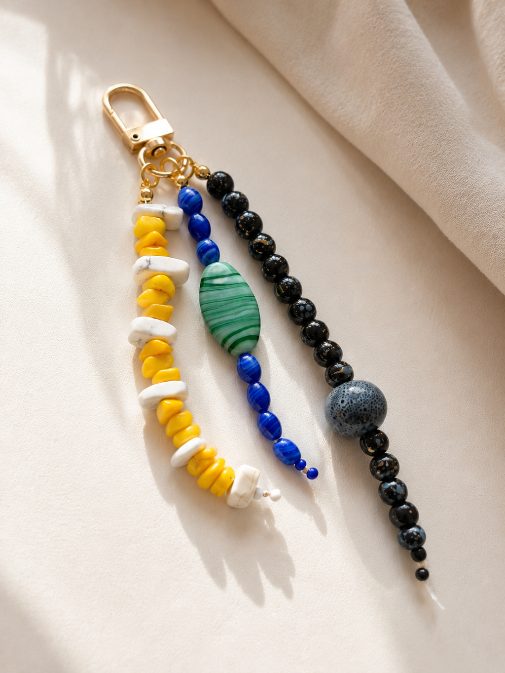 Yellow Blue Black Three Strand Beaded Bag Keychain Gold Clip