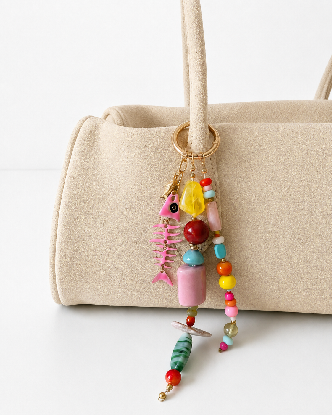 Pink Fish Skeleton Multicolor Beaded Bag Keychain Gold Ring