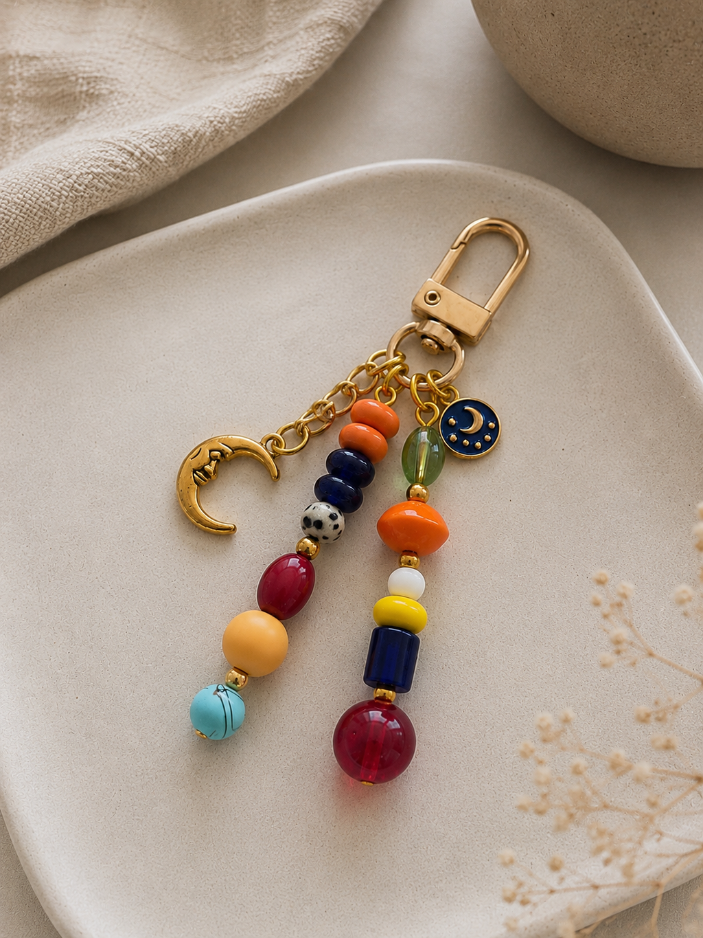Multicolor Moon Charm Beaded Bag Keychain with Gold Clip